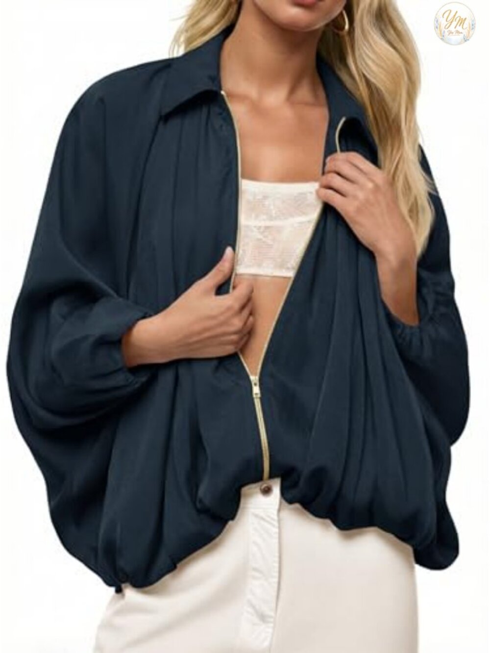Oversized Batwing Puffer Bomber Jacket Zip Up Lightweight